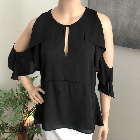 Joseph Ribkoff Black Ruffled Cold Shoulder Top - Picture 5 of 10